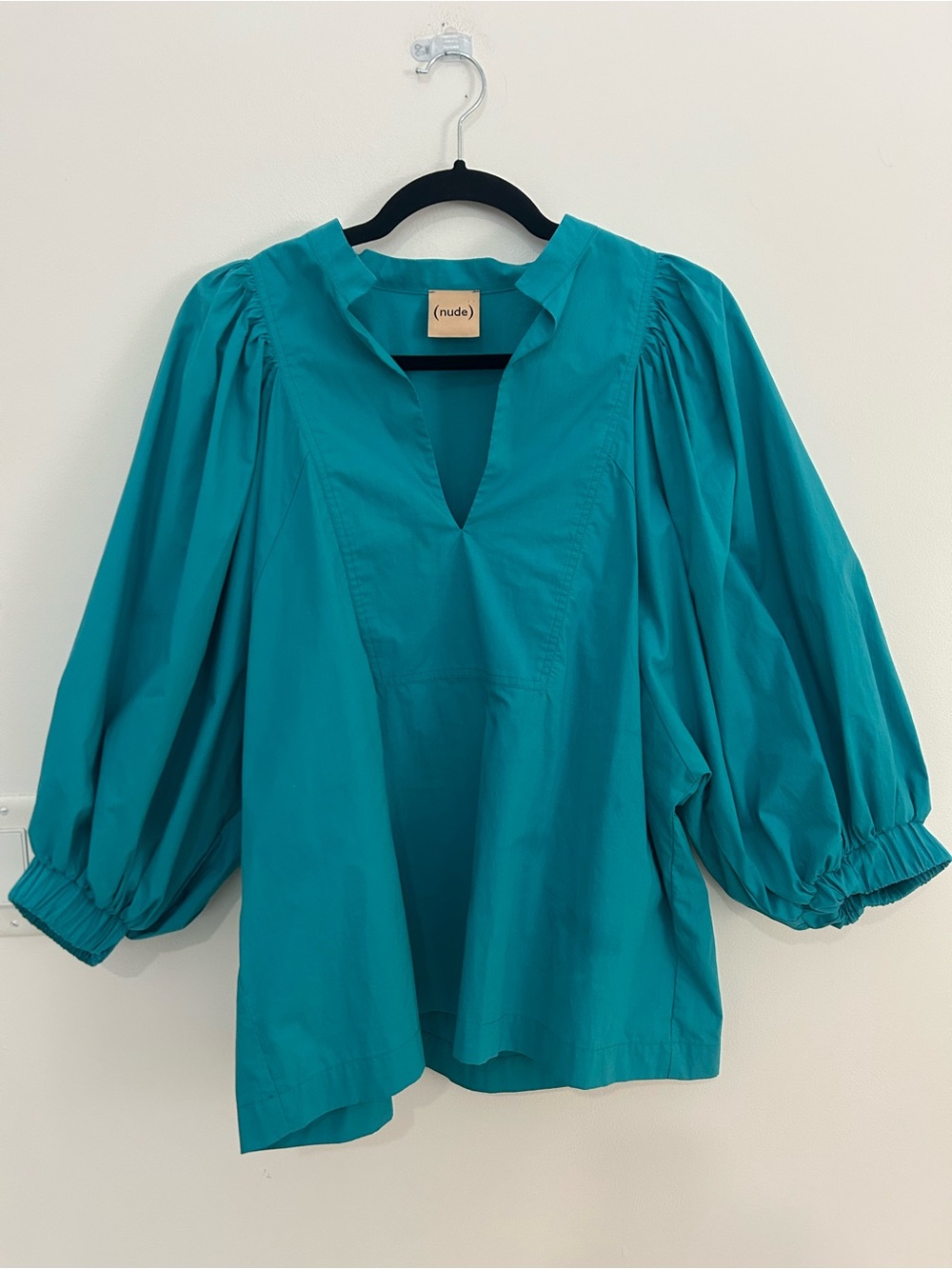 Nude Made in Italy Women’s Small IT 40 Turquoise 100% Cotton Puff Sleeve Blouse